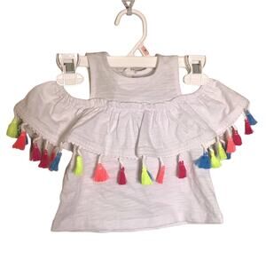 NEW Mudpie “encanto” Pinafore white multicolor Tassel cold shoulder top 6-9 mths